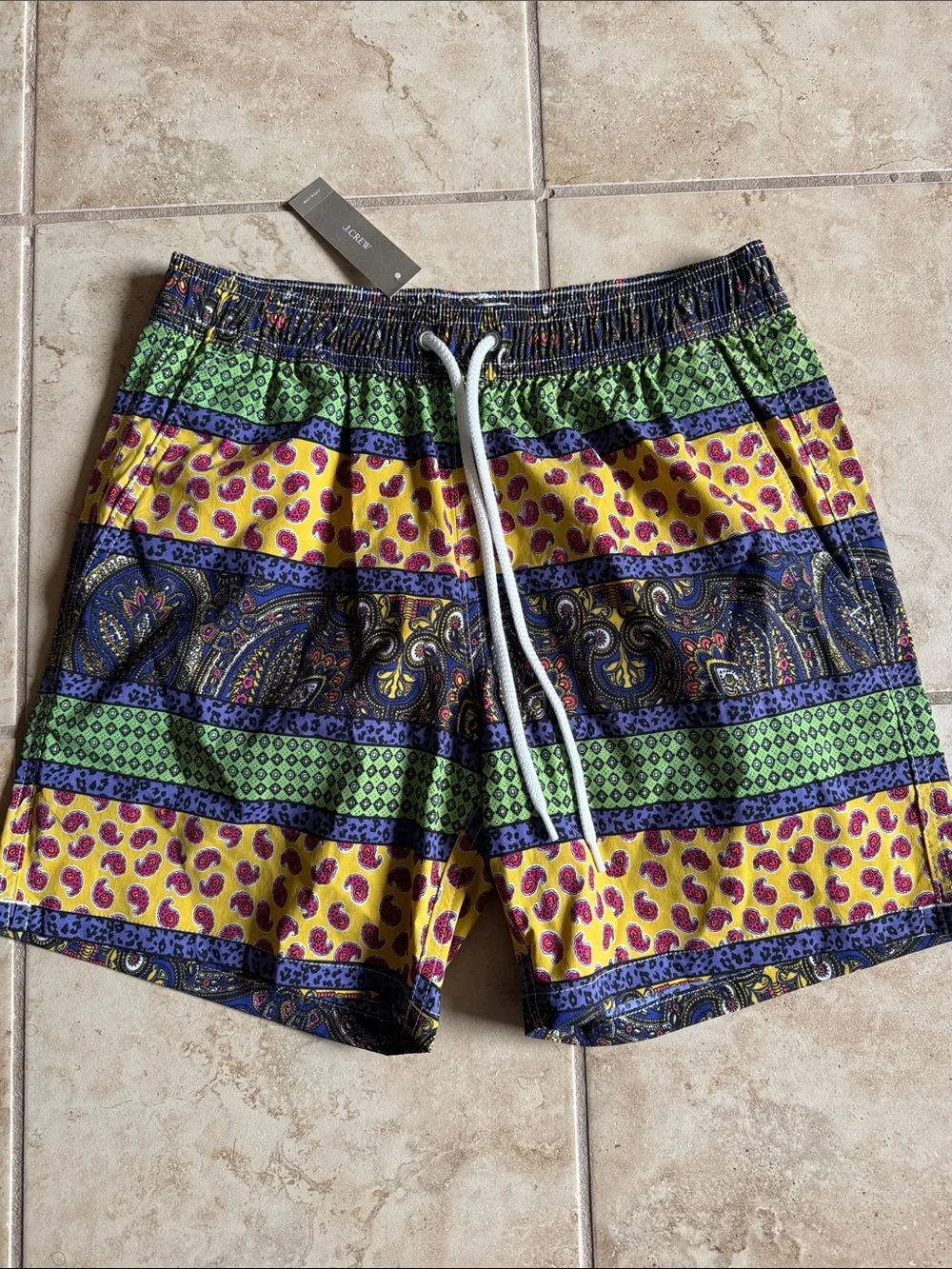 J Crew Men's Multicolored Paisley Print Stripe Mesh Lined Swim Trunks NWT Small